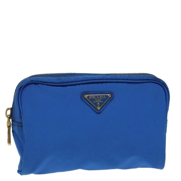 PRADA Pouch Nylon Blue Gold Auth 91930 - Picture 1 of 16